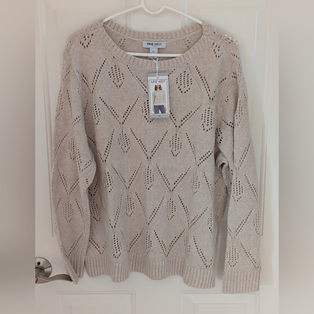 NWT Nine West pointelle boatneck sweater, beige, size 1X